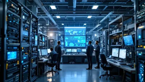 French 5g 6g research lab with telecom racks and factory bg