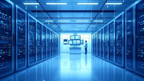 Modern hospital data center ai healthcare integration calm blue