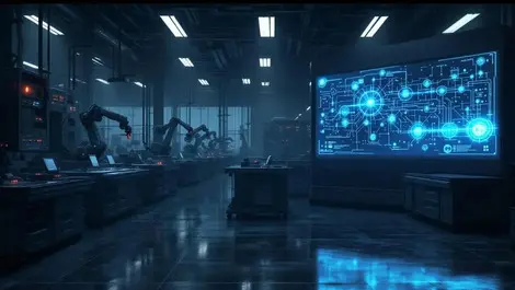 Dark medical factory cyber attack idle robots red warning lights