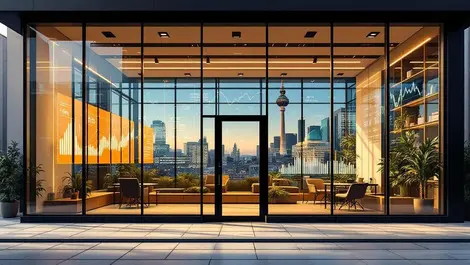 Modern berlin fintech glass office with tv tower and data reflections