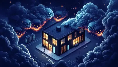 Uk corporate office night cyberwarfare storm cloud skulls ransomware