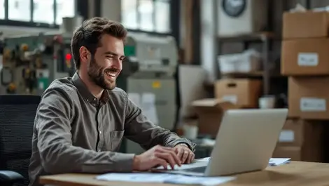 Uk small business owner rising profits idle machinery london office