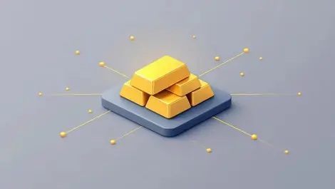 Clean editorial illustration stacked gold bars network lines
