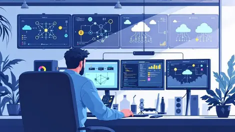 Devops engineer monitoring llm pipelines on hybrid cloud screens